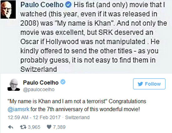 bollywood,hollywood,shah ruk khan,paulo coelho tweets shah ruk khan,paulo coelho,international writer