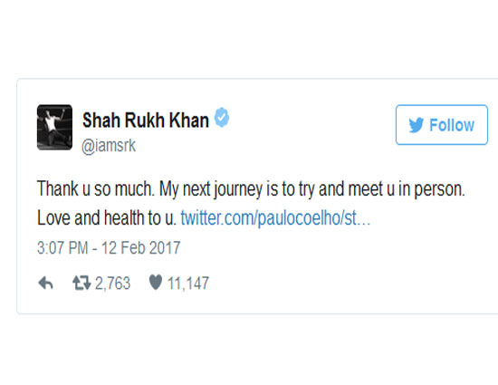 bollywood,hollywood,shah ruk khan,paulo coelho tweets shah ruk khan,paulo coelho,international writer