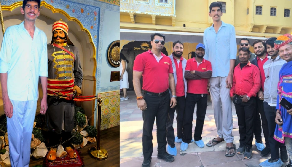 karan singh jaipur visit,8.2 feet tall karan singh,jaipur wax museum tour,maharana pratap wax statue,amitabh bachchan wax statue,jaipur tourist attraction,wax museum jaipur,celebrity wax statues,karan singh selfies,jaipur sightseeing