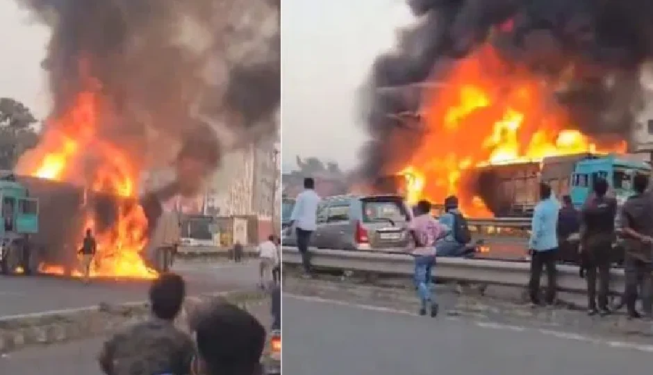पुणे-बेंगलुरु हाईवे पर भीषण सड़क हादसा, कंटेनर और बस की टक्कर में 8 लोगों की जिंदा जलकर मौत