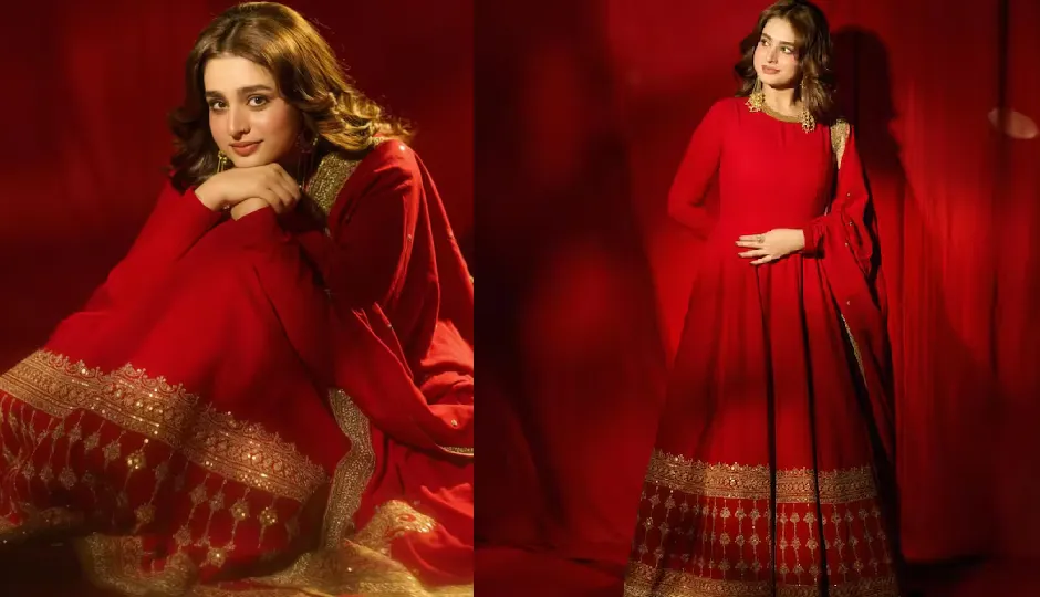 ayeshakhan eid look,red anarkali outfit,traditional indian fashion,festive outfit inspiration,bollywood actress style,eid fashion trends,ethnic wear women,anarkali suit style,celebrity fashion look,dhurandhar the revenge actress