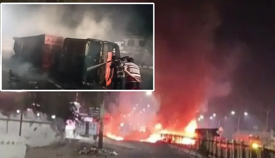 भरतपुर में भीषण सड़क हादसा: डिवाइडर से भिड़ा कोयला लदा ट्रेलर, आग में घिरकर चालक की दर्दनाक मौत