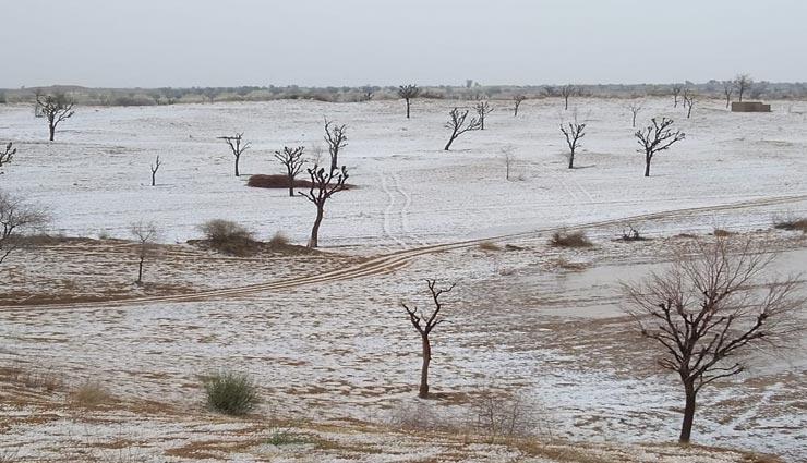 रेगिस्तान में बने कश्मीर जैसे हालात, ओले से बिछ गई धोरों पर बर्फ की सफेद चादर 
