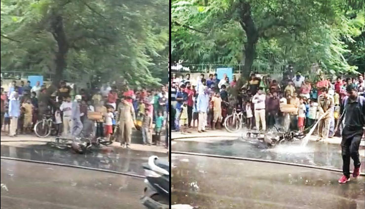 नशे में था बाइक सवार, पुलिस ने काटा चालान, गुस्साए शख्स ने बीच सड़क पर लगाई आग