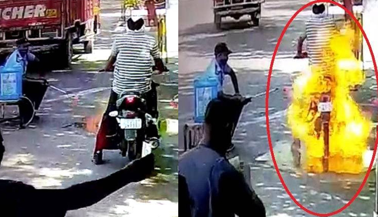 गुजरात / बाइक सैनिटाइज कराते वक्त हुआ हादसा, अचानक लग गई आग
