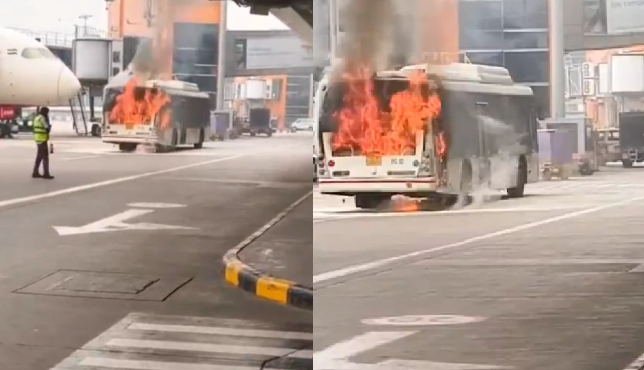 दिल्ली एयरपोर्ट पर बड़ा हादसा टला, विमान के पास लगी बस में आग, वीडियो आया सामने