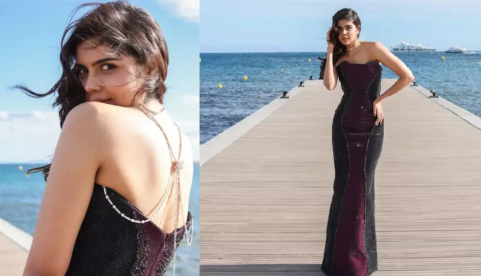 cannes film festival 2026,kalyani priyadarshan,lokah chapter 1 actress,red carpet debut cannes,bodycon gown look,viral cannes photos,south indian actress cannes,purple strapless gown,celebrity fashion cannes 2026,cannes red carpet style