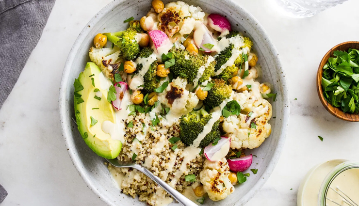 Recipe- Roasted Cauliflower Sweet Potato Salad With a Creamy Curry Cashew Dressing
