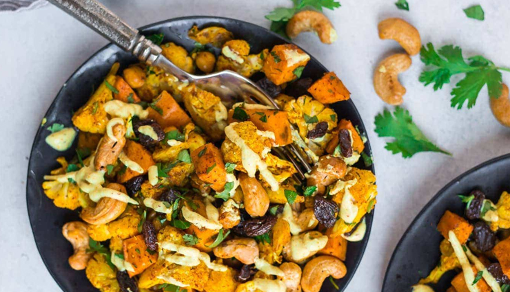 cauliflower salad,roasted cauliflower sweet potato salad  recipe,creamy  cashew  dressing,easy recipes,hunger struck,food