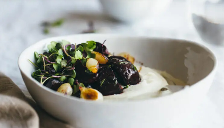 Recipe- Dairy Free Celery Root Puree With Balsamic Roasted Beets and Pearls Onion