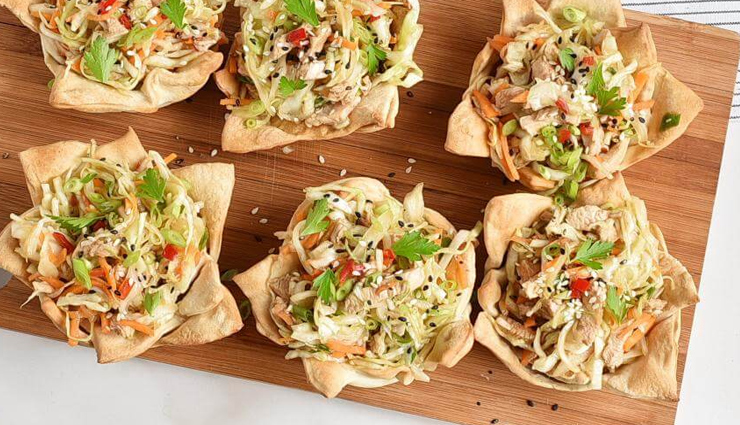 Recipe- Perfect For Evenings Thai Chicken Salad Wonton Cups