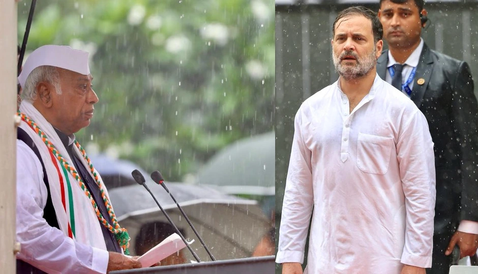 स्वतंत्रता दिवस पर कांग्रेस कार्यालय में फहराया तिरंगा, बारिश में भीगते नजर आए राहुल गांधी
