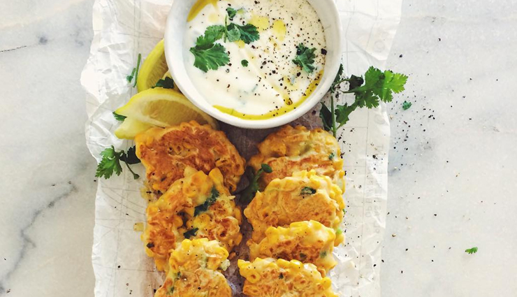 corn fritters with yogurt dip,corn recipe,snacks recipe,kids recipe