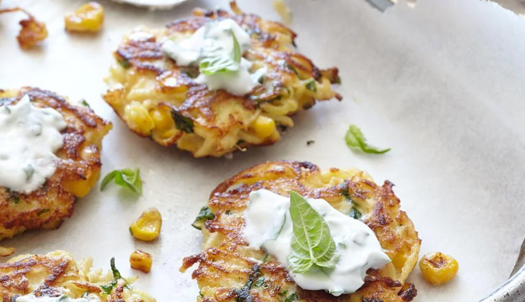 corn fritters with yogurt dip,corn recipe,snacks recipe,kids recipe
