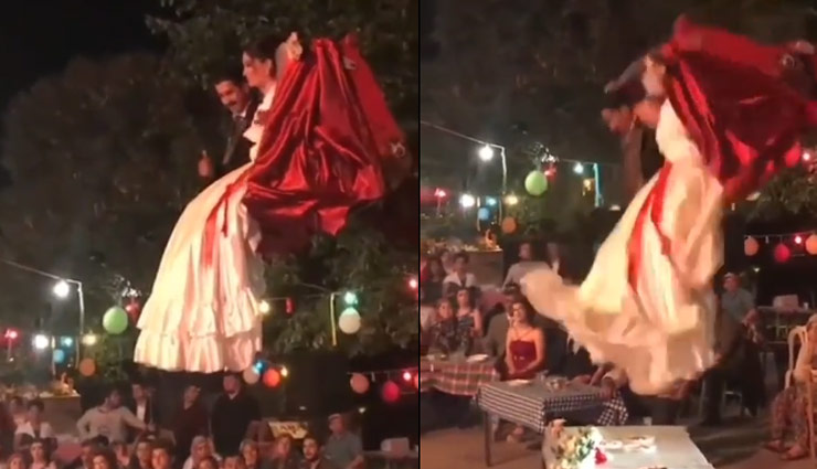 स्टेज के पास दूल्हा-दुल्हन को लेकर पहुंचा जेसीबी, फिर जो हुआ देख मेहमानों के उड़े होश; वीडियो वायरल