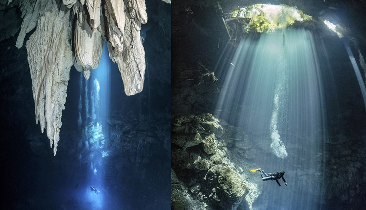 drivers use pillars of sunlight  in mexican caves,pillars of sunlight,mexican caves,unusual places in the world,underwater caves