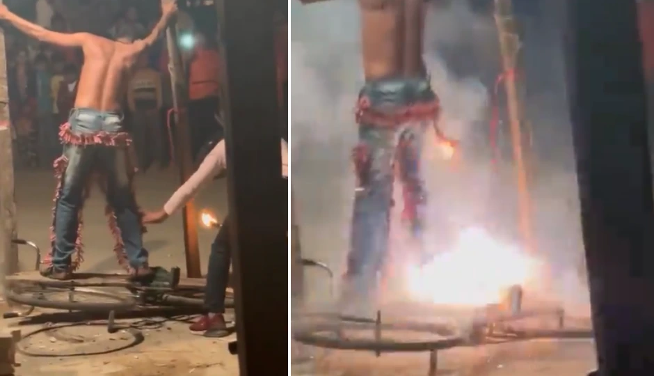 दीवाली पर खौफनाक स्टंट! युवक के शरीर पर लपेटे पटाखे, आग लगते ही दहल उठा माहौल — देखें वीडियो