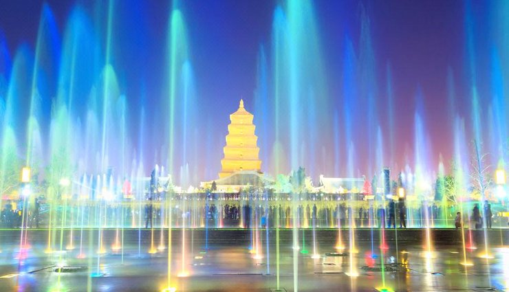 fascinating fountains,fountains around the world,big wild goose pagoda music fountain,xian city,china,fontana de trevi,rome,italy,charybdis fountain,seaham hall,sunderland,uk,la joute fountain,montreal,canada,castle square fountain,swansea,wales,mercury fountain,barcelona,spain