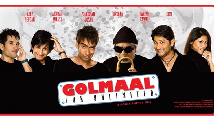 all posters of golmaal series,ajay devgan,tabu,arshad warsi,sharman joshi,tusshar kapoor,rimi sen,parineeti chopra,rohit shetty