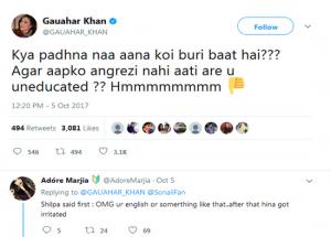 #BB11 Hina Khan Slames Shilpa For Her Poor English, Gauauhar Khan Tweets