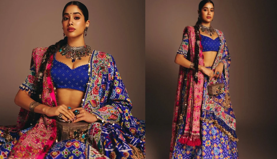 janhvi kapoor ethnic look,gujarati embroidery lehenga,janhvi kapoor traditional outfit,royal blue lehenga,janhvi kapoor fashion,wedding outfit inspiration,festive ethnic wear,bollywood celebrity style,mirrorwork lehenga,indian bridal fashion