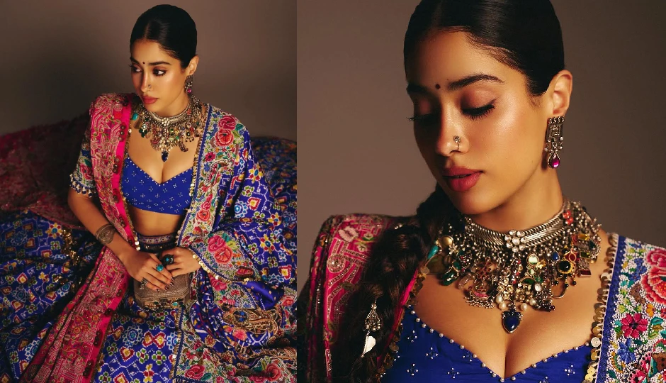 janhvi kapoor ethnic look,gujarati embroidery lehenga,janhvi kapoor traditional outfit,royal blue lehenga,janhvi kapoor fashion,wedding outfit inspiration,festive ethnic wear,bollywood celebrity style,mirrorwork lehenga,indian bridal fashion