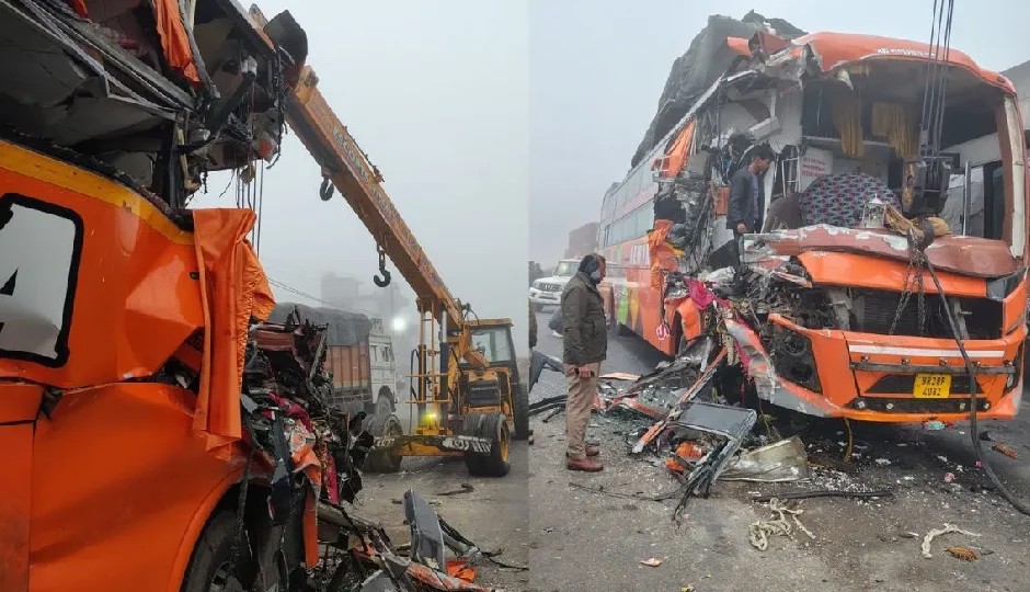 कानपुर देहात में भीषण सड़क दुर्घटना, यात्रियों से भरी बस की जबरदस्त टक्कर, आगे का हिस्सा पूरी तरह क्षतिग्रस्त