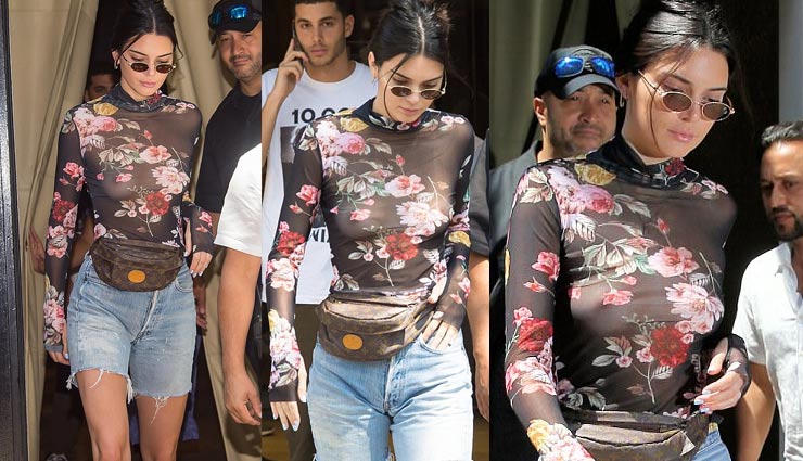 hollywood celebrities,kendall jenner goes bra-less in floral top,bra less celebrities