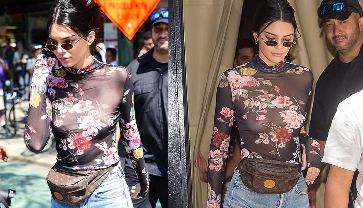 hollywood celebrities,kendall jenner goes bra-less in floral top,bra less celebrities