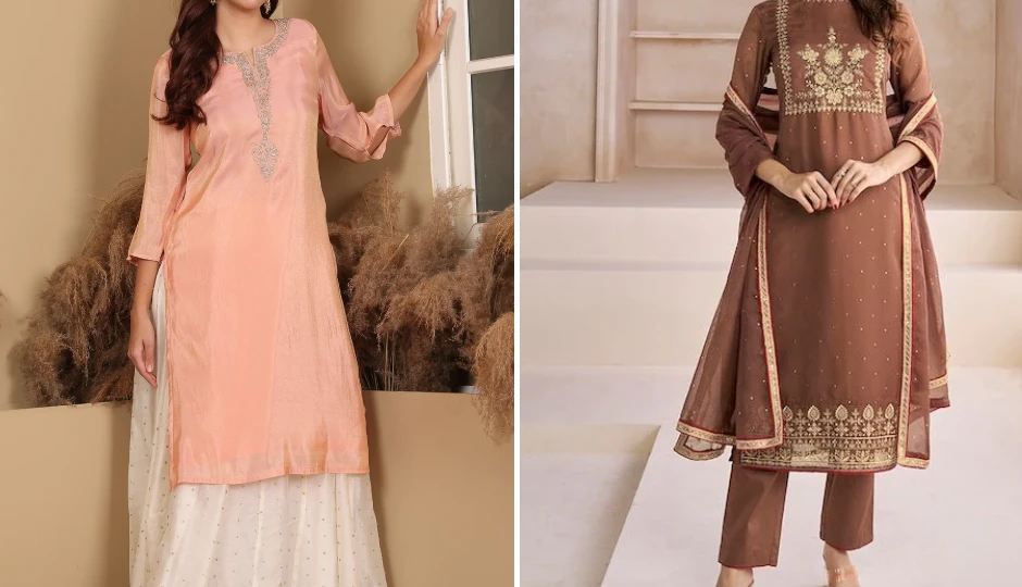 karwa chauth outfit colors,trendy kurta colors,hot pink kurta,purple kurta,dusky orange kurta,peach kurta,golden brown kurta,printed pink kurta,red kurta,karwa chauth fashion 2025,festive kurta ideas,karwa chauth styling tips