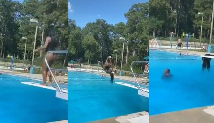 नहाने के लिए पूल में कूदी इस महिला के साथ हुआ कुछ ऐसा, वीडियो देखने के बाद हंसी रोक पाना हुआ मुश्किल