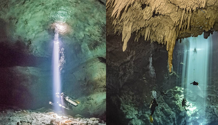 drivers use pillars of sunlight  in mexican caves,pillars of sunlight,mexican caves,unusual places in the world,underwater caves