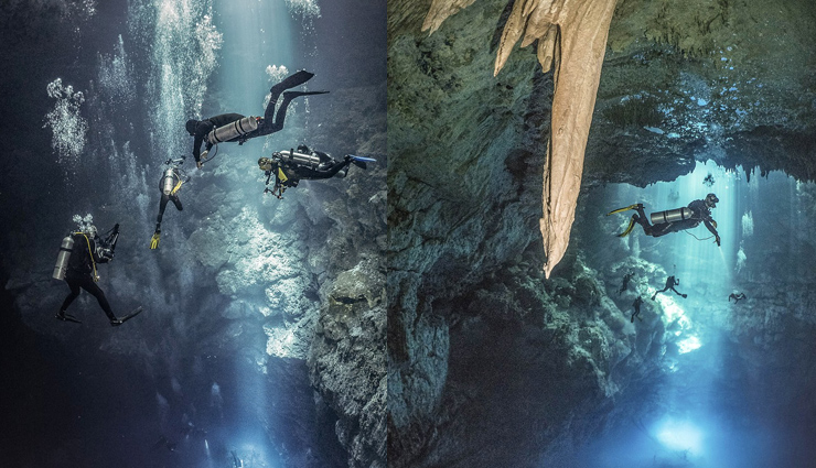 drivers use pillars of sunlight  in mexican caves,pillars of sunlight,mexican caves,unusual places in the world,underwater caves