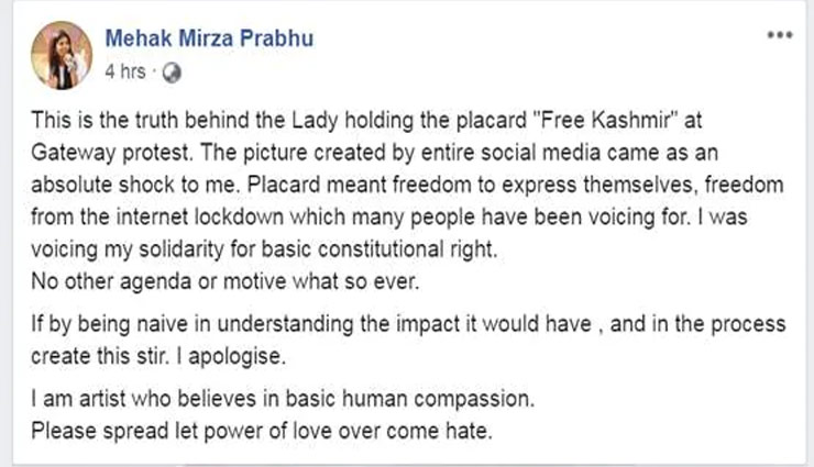 free kashmir,poster,mehak mirza prabhu,mumbai,protest,outrage,jnu,news,news in hindi
