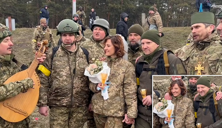 VIDEO : लगातार रूस की तरफ से हो रही बमबारी के बीच दो यूक्रेनी सैनिकों ने रचाई शादी!