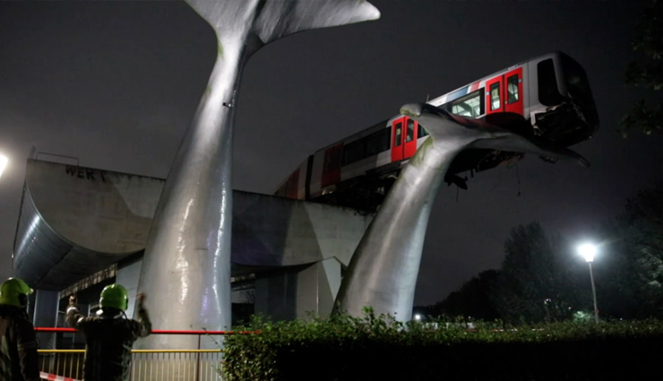 whale,whale sculpture,metro train,midair,weird news,netherland
