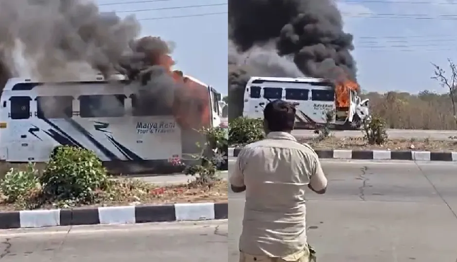 चलती मिनी ट्रैवलर बस में लगी भीषण आग, यात्रियों ने कूदकर बचाई जान