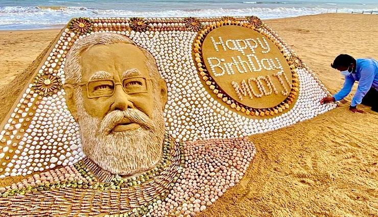Narendra Modi turns 71: Sudarsan Pattnaik creates sand sculpture using 2035 seashells to wish Prime Minister on his birthday; see pic