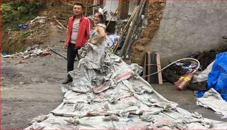 40 सीमेंट की बोरियों से बनी यह अनोखी वेडिंग ड्रेस हर किसी को कर रही हैरान