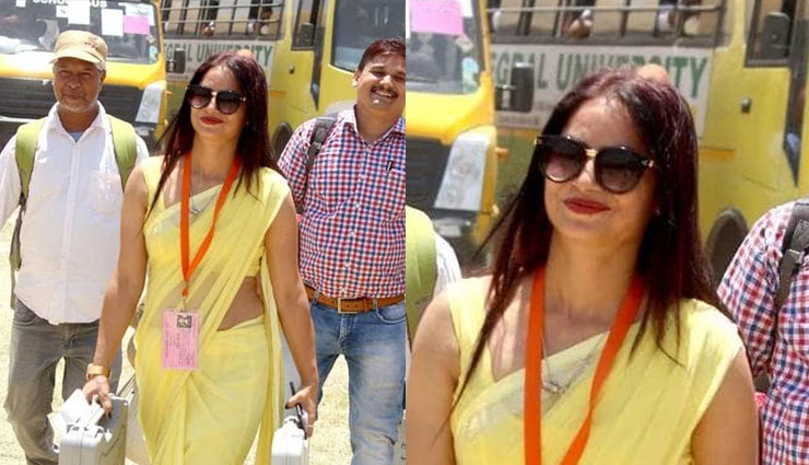 woman,polling,officer,yellow,saree,photo,viral,lok sabha,election,2019,uttar pradesh,news,news in hindi