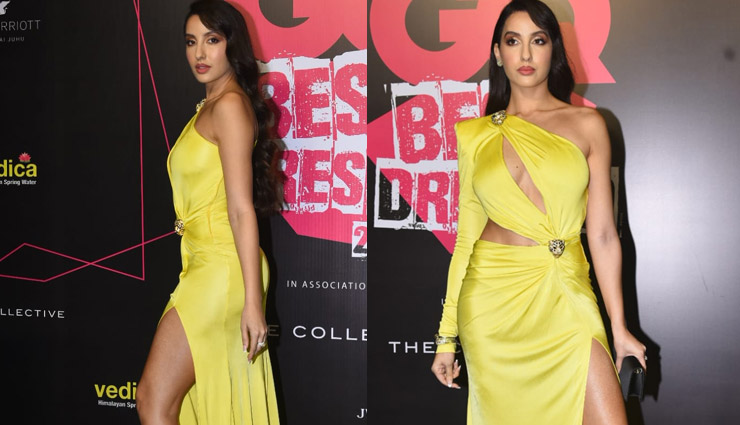 पीले लिबास में अवॉर्ड शो मे पहुंचीं नोरा फतेही, कातिल अदाएं देख अटकी लोगों की सांसे; PHOTOS 