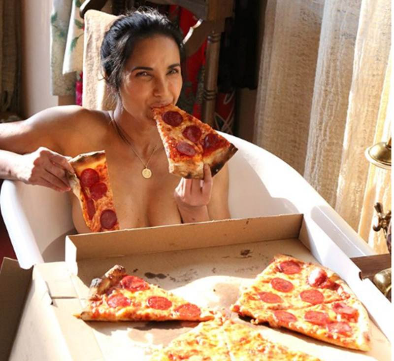padma lakshmi goes topless,bathtub filled with pizza,entertainment news,hot pics of padma lakshmi