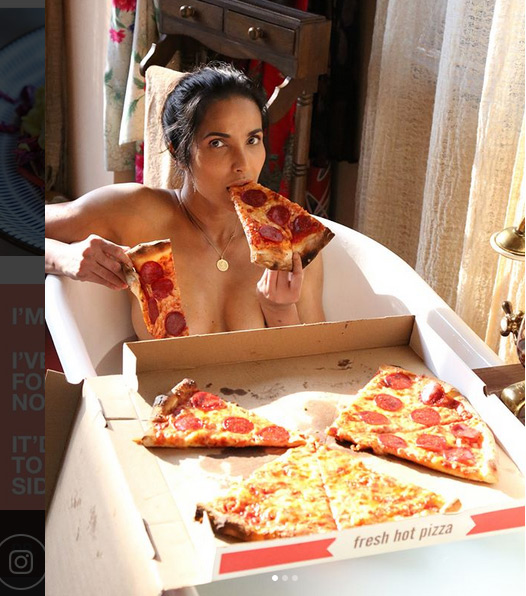 hollywood,model,padma lakshmi,pizza,nude photoshoot,bathtub