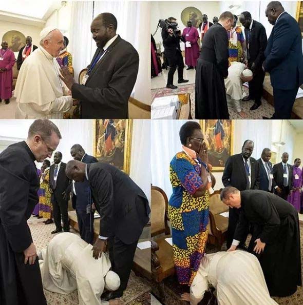 pope francis,kissing the feet of salva kiir mayardit,sudanese political leaders,video viral