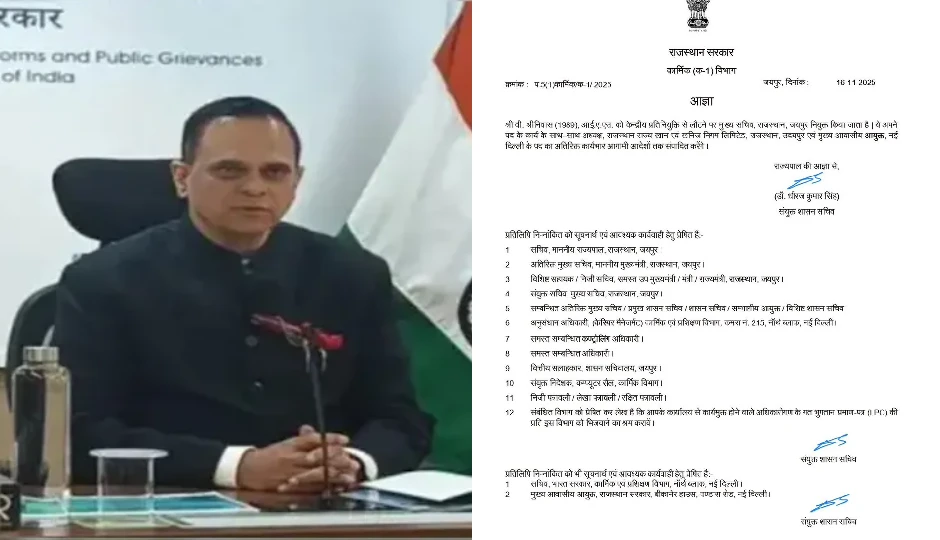 वी. श्रीनिवास को मिली राजस्थान के नए मुख्य सचिव की जिम्मेदारी, कार्मिक विभाग ने जारी किए आदेश