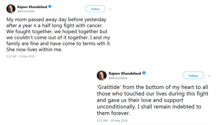 rajeev khandelwals mother passes away,cancer,rajeev khandelwal,entertainment news