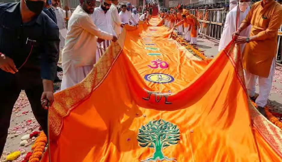 ayodhya ram mandir flag,dharm dhwaj first look,ram janmabhoomi temple flag,bhagwa flag ram mandir,modi ram mandir flag,triangular flag ram mandir,om symbol flag,sun symbol dhwaj,ram rajya symbol flag,indian culture temple flag