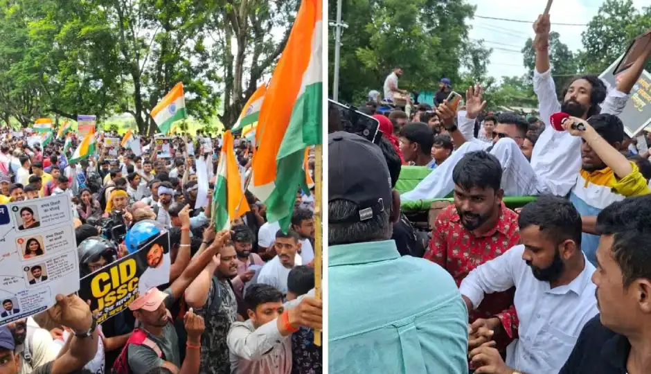 छात्रों के कंधों पर सवार होकर विधानसभा मार्च में पहुंचे देवेंद्र महतो, प्रदर्शनकारियों ने पार कीं तीन बैरिकेडिंग