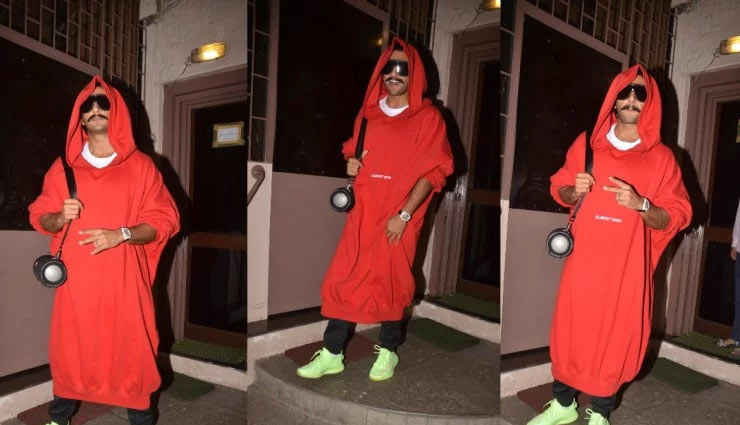 लॉन्ग रेड हुडी और नियॉन रनिंग शूज में अतरंगी नजर आए रणवीर सिंह, फोटो वायरल