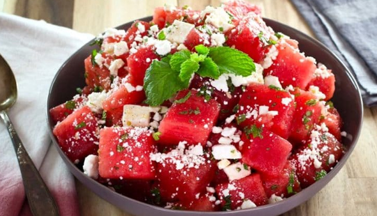 watermelon salad with mint and lemon,watermelon recipe,snacks recipe,healthy recipe,salad recipe